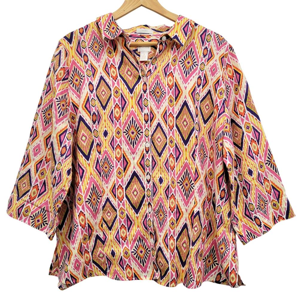 Chico's No Iron Button Up Shirt 3 XL 100% Linen